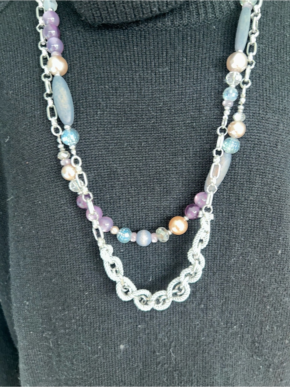✨ Layered Silver-Tone Chain and Bead Statement Necklace ✨